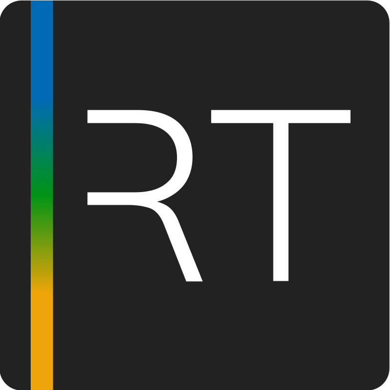 Weißes RT-Logo auf dunklem Hintergrund mit Farbverlauf