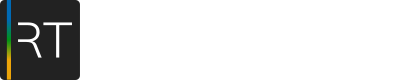 Dunkles Logo mit weißen Buchstaben RT und Farbstreifen